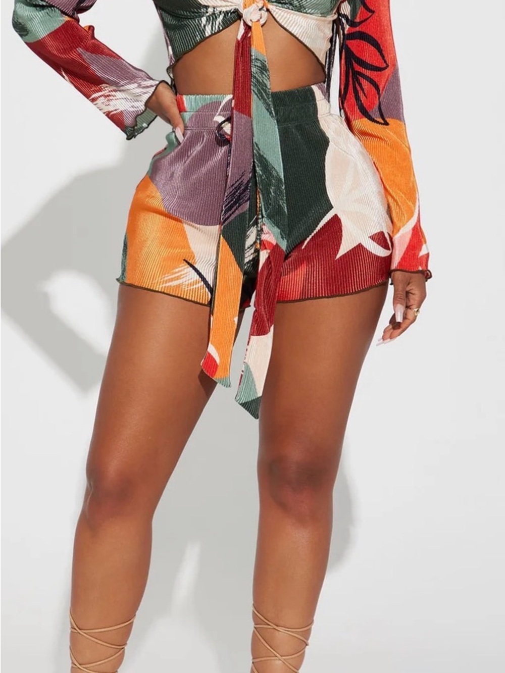 Multicolor Floral High-Waist Ribbed Women’s Shorts & Tie Front Top